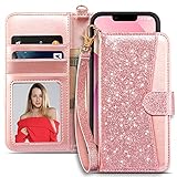 Coolwee Compatible iPhone 13 Mini Wallet Case Flip Folio Cover with Card Slots Kickstand Design Wrist Strap Girls Women Glitter PU Leather Compatible with Apple iPhone 13 Mini 5.4 inch Rose Gold Pink