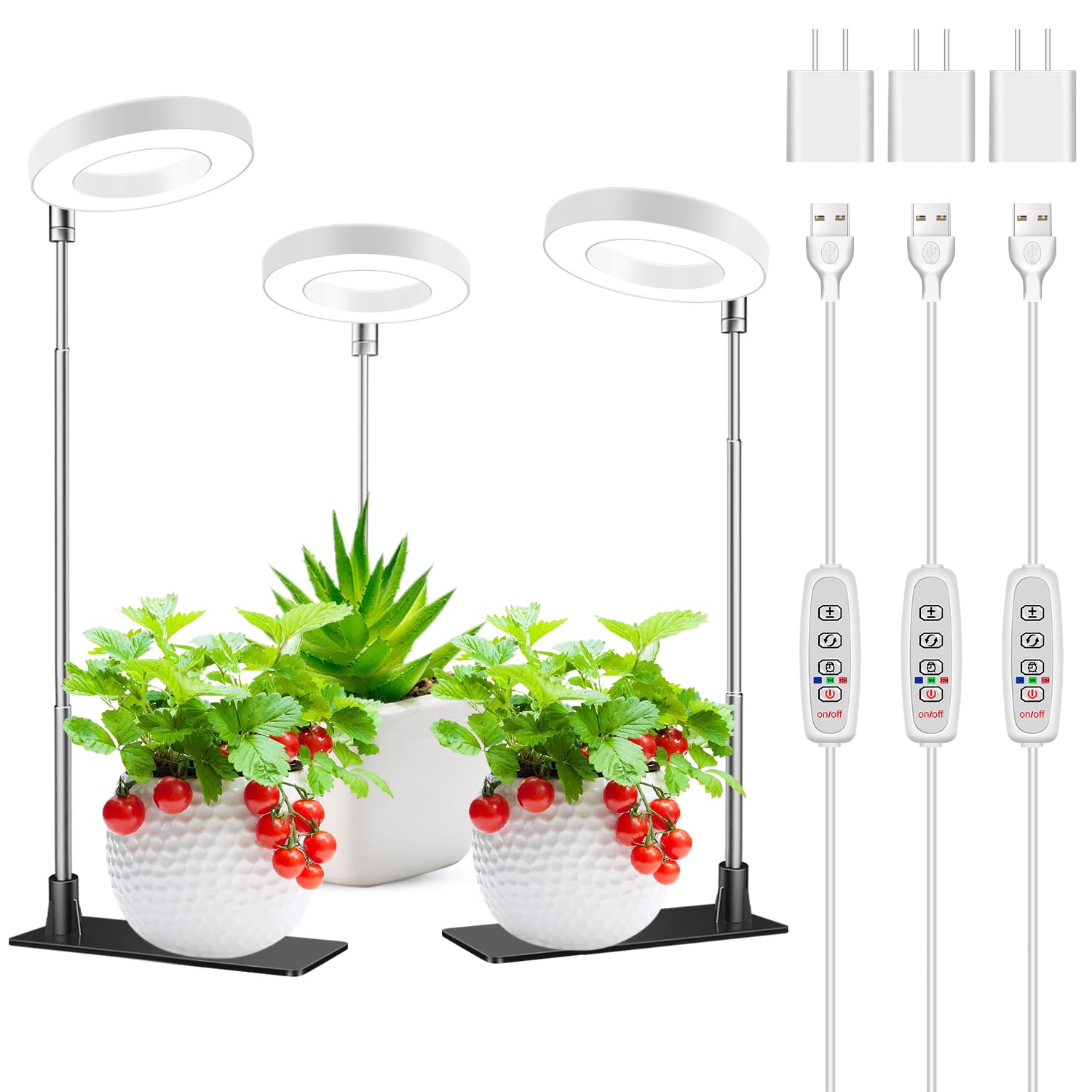 Grow Lights for Indoor Plants, 48 LEDs Full Spectrum Halo Plant Light for Indoor Plants, Height Adjustable Growing Lamp with Detachable Base, 3/9/12Hrs Timer, 10 Brightness, 3-Pack