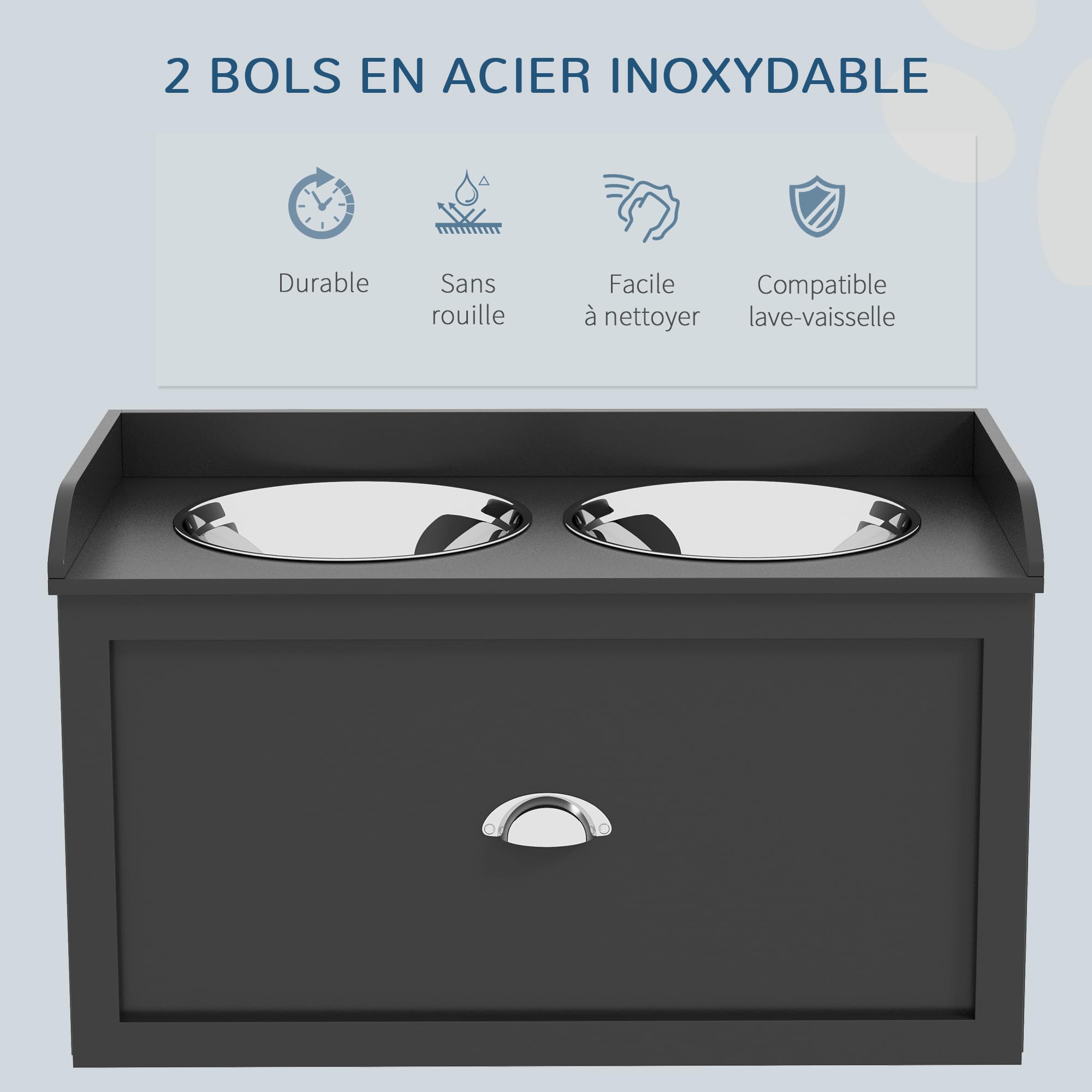 PawHut Gamelles Chiens Surélevées Rangement 2 en 1 Tiroir 2L Noir