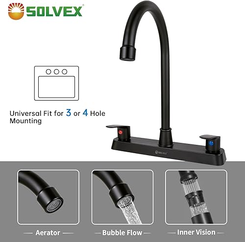 Miniatura 5 de SOLVEX Grifo de Fregadero de Cocina de 2 Manijas, Cromado Moderno de Alta Calidad con Arco de 360 Grados, Acabado en Negro Mate, Acero Inoxidable, 3