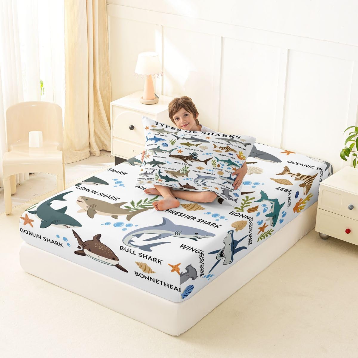 Erosebridal Sharks Fitted Sheet Twin Marine Life Shark Lovers Bedding Set for Kids Teens Cartoon Sea Animals Microfiber Bed Sheets Types of Sharks Educational Sheets with Deep Pocket