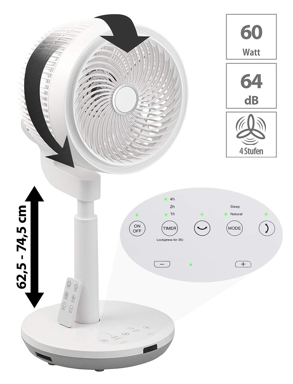 Sichler Haushaltsgeräte Stehventilatoren: Höhenverstellbarer 3D-Raumventilator & Luftzirkulator, Ø 22 cm, 60 W (Ventilator 3D, Stand-Ventilatoren, Mini)