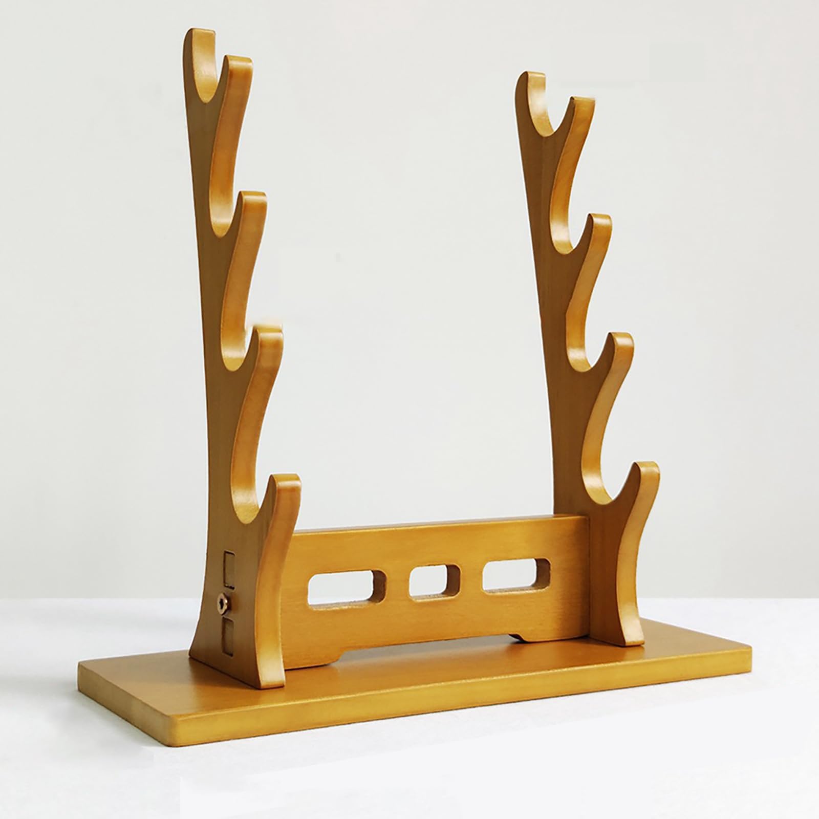 Hjhuua Walnut Color (2~5Tier) Solid Wood Desktop Sword Stand,Flute Stand Weapon Stand,Decorative Sword Rest Display Rack,For Flute,Xiao,Katana,Wakizashi,Tanto,Support All Swords(,Light Brown)