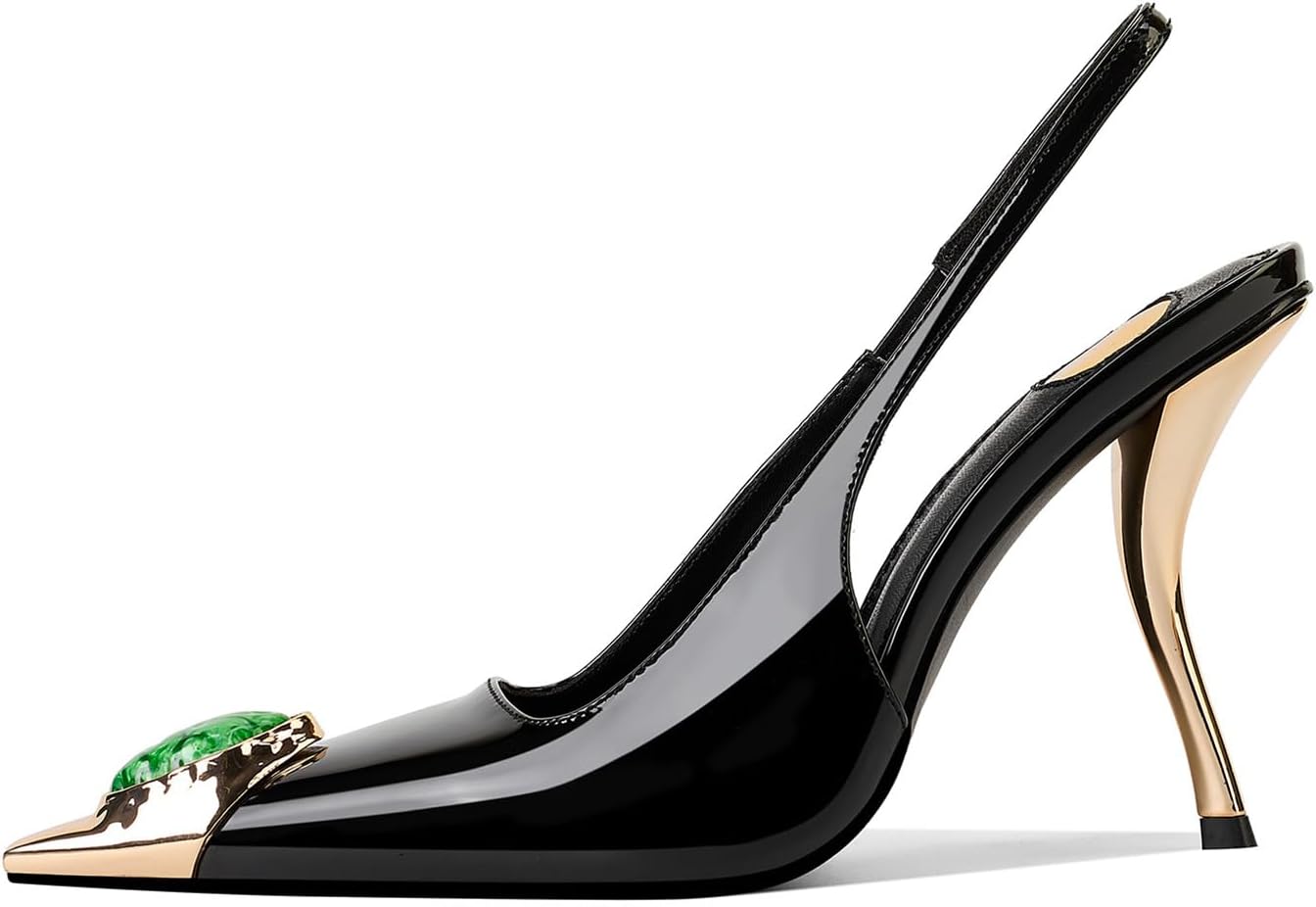 USRUNOE Rhinestones Slingback Kitten Heels Pointed Closed Toe Pumps for Women, Stiletto 4Inch High Heeled Sandals for Dress Shoes,Black 8.5