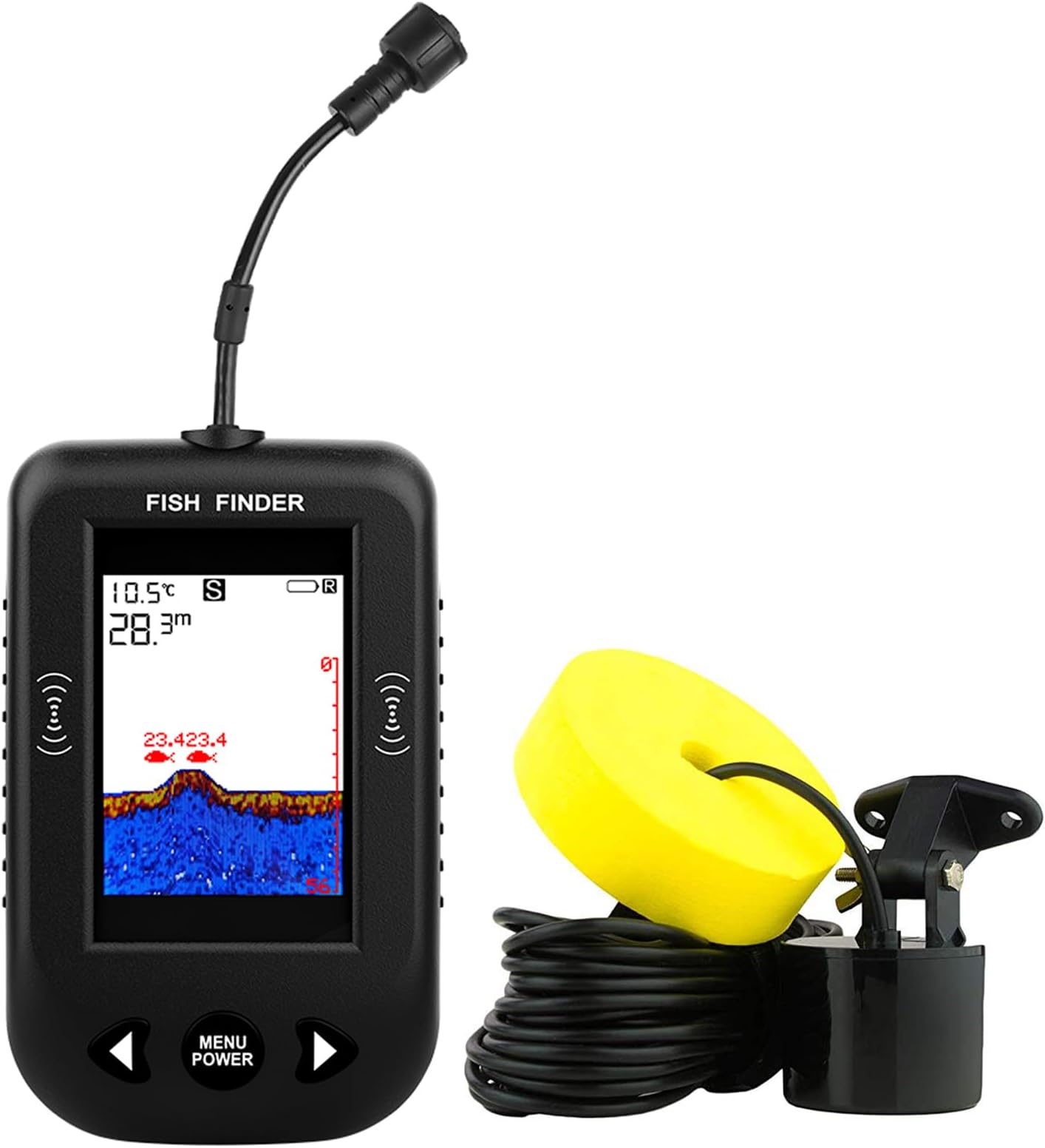 Portable Fish Finder, Handheld Fish Depth Finder Contour Readout Fishfinder Ice Kayak Shore Boat Fishing Fish Detector Device with Sonar Sensor Transducer and LCD Display Gear Fish Depth Finder