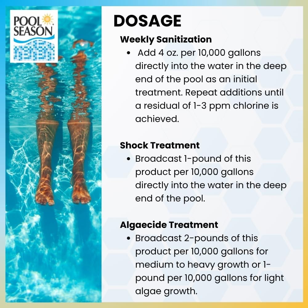 Pool Season 99% Di-Chlor Chlorinating Concentrate Shock and Sanitizer – Stabilized Granular Pool Chlorine – Kills Bacteria and Algae, Restores Clarity – Quick Dissolving – 2lb Bottle