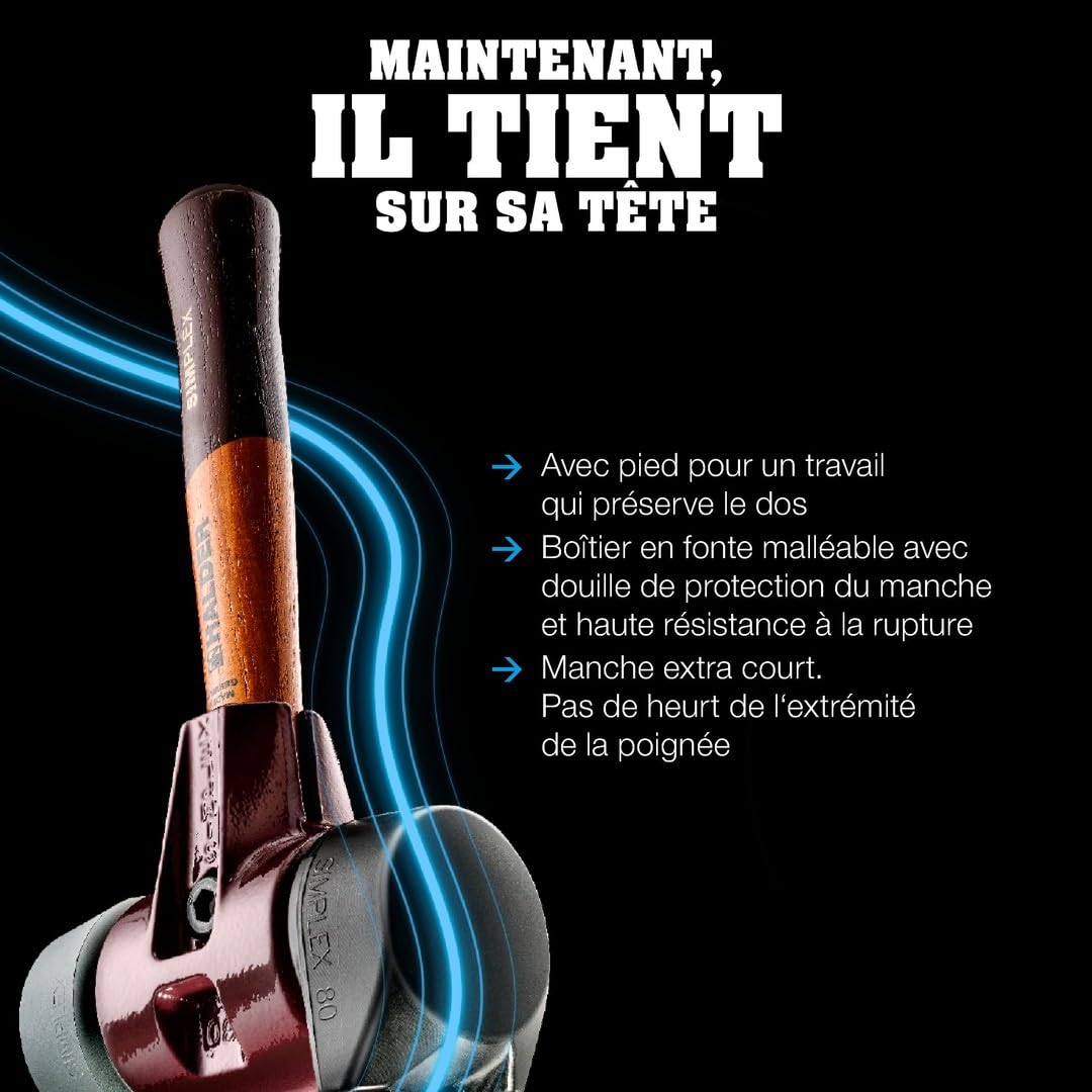 Maillet SIMPLEX, Caoutchouc chargé, avec pied/TPE moyen ; avec boîtier en fonte malléable et manche en bois extra court de qualité | D=80 mm/Modèle de manche=extra court | 3023.282