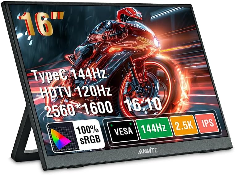 Portable 16 Inch 2.5K 144Hz Gaming Monitor with Metal Enclosure, Type-C, HDMI, IPS, and Speakers