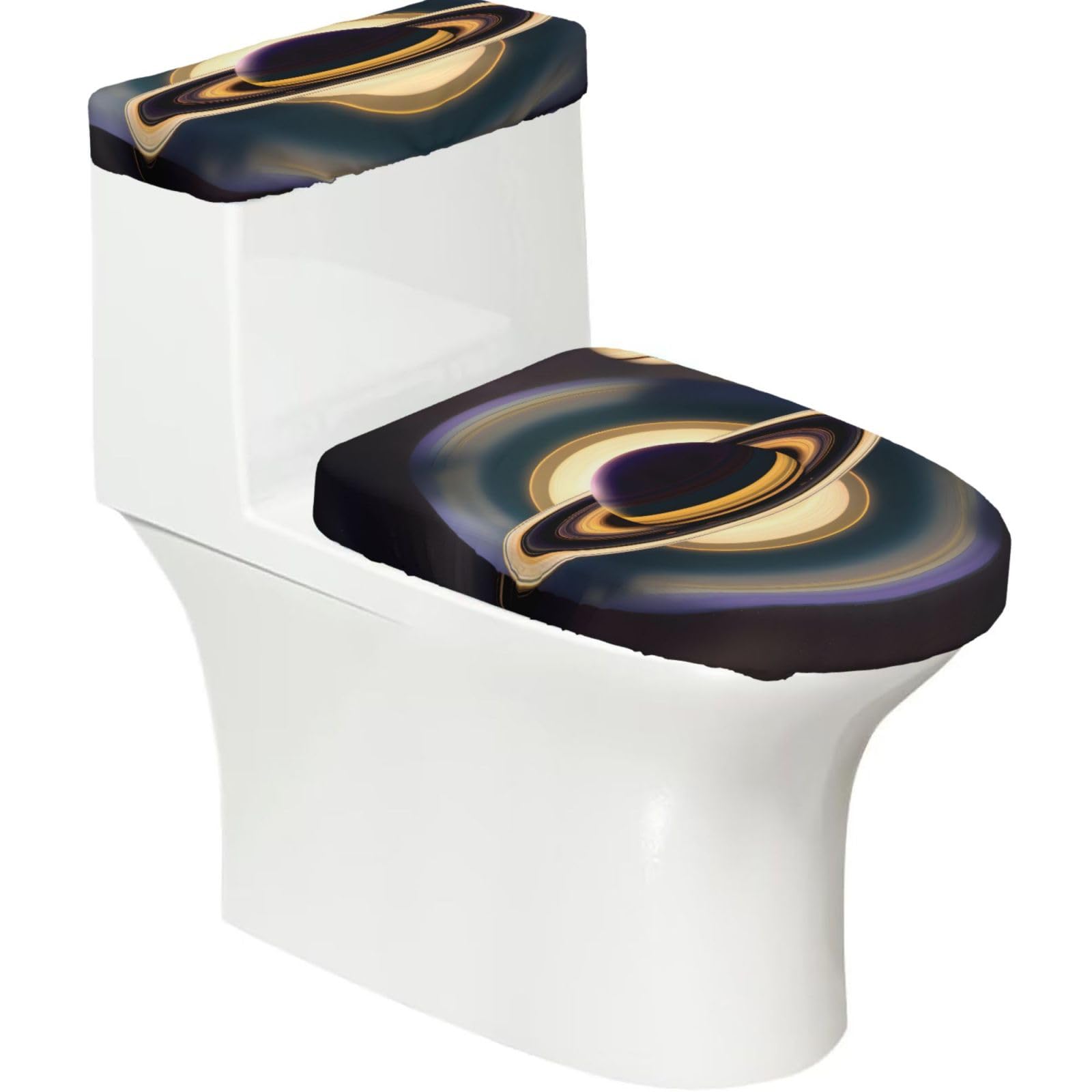 Beautiful Saturn 2-Piece Toilet Seat Cover Set with Tank Lid - Elastic for U-Shape & Elongated - Bathroom Decor