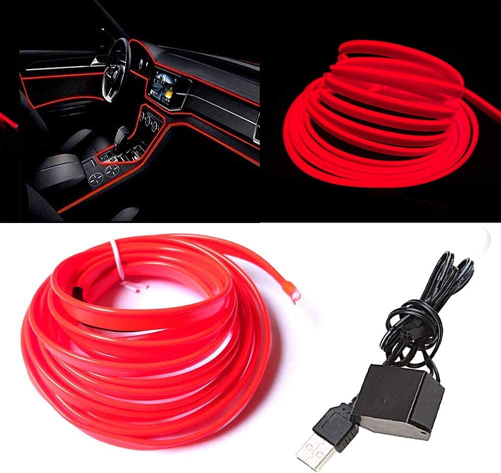 Automaze USB El Wire, 5M Neon Lights 5V with Fuse Protection for Automotive Car Interior Decoration with 6mm Sewing Edge (Red)-image-29