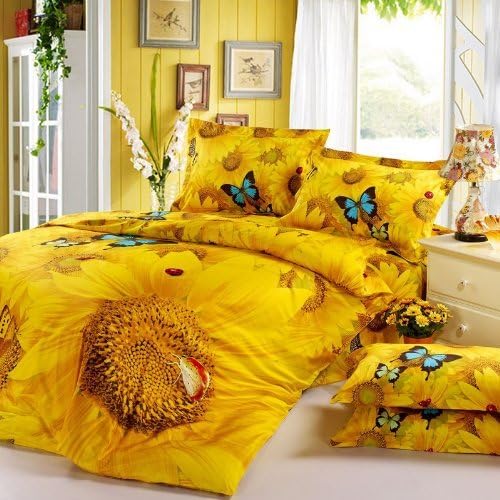 DIAIDI,3D Sunflower Bedding Sets,Butterfly Bedding Set,Unique Bedding Sets,Yellow Bedding,Flower Bedding Sets,Queen King Bed Sets,4Pcs Bed Cover Set (Queen)