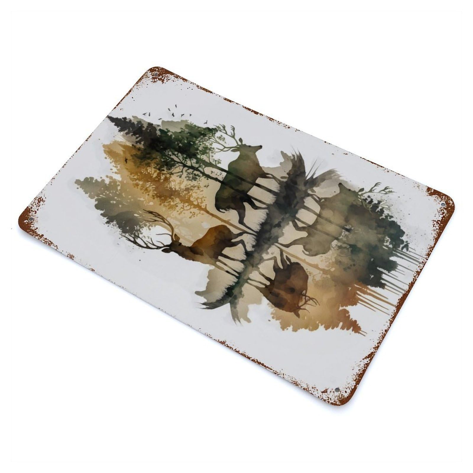 Aged Metal Wall Plaque with DEER AND PINUS Design 11.8"x7.9", for Farmhouse, Kitchen And Entryway Decor, Retro Wall Decor