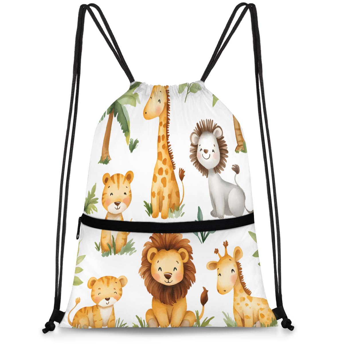 QsirBC Jungle Animal Pals Drawstring Bag for Men &amp; Women, Gym Sports Backpack with Zipper Pocket, Lightweight String Sackpack for Travel, Running, Hiking, Workout