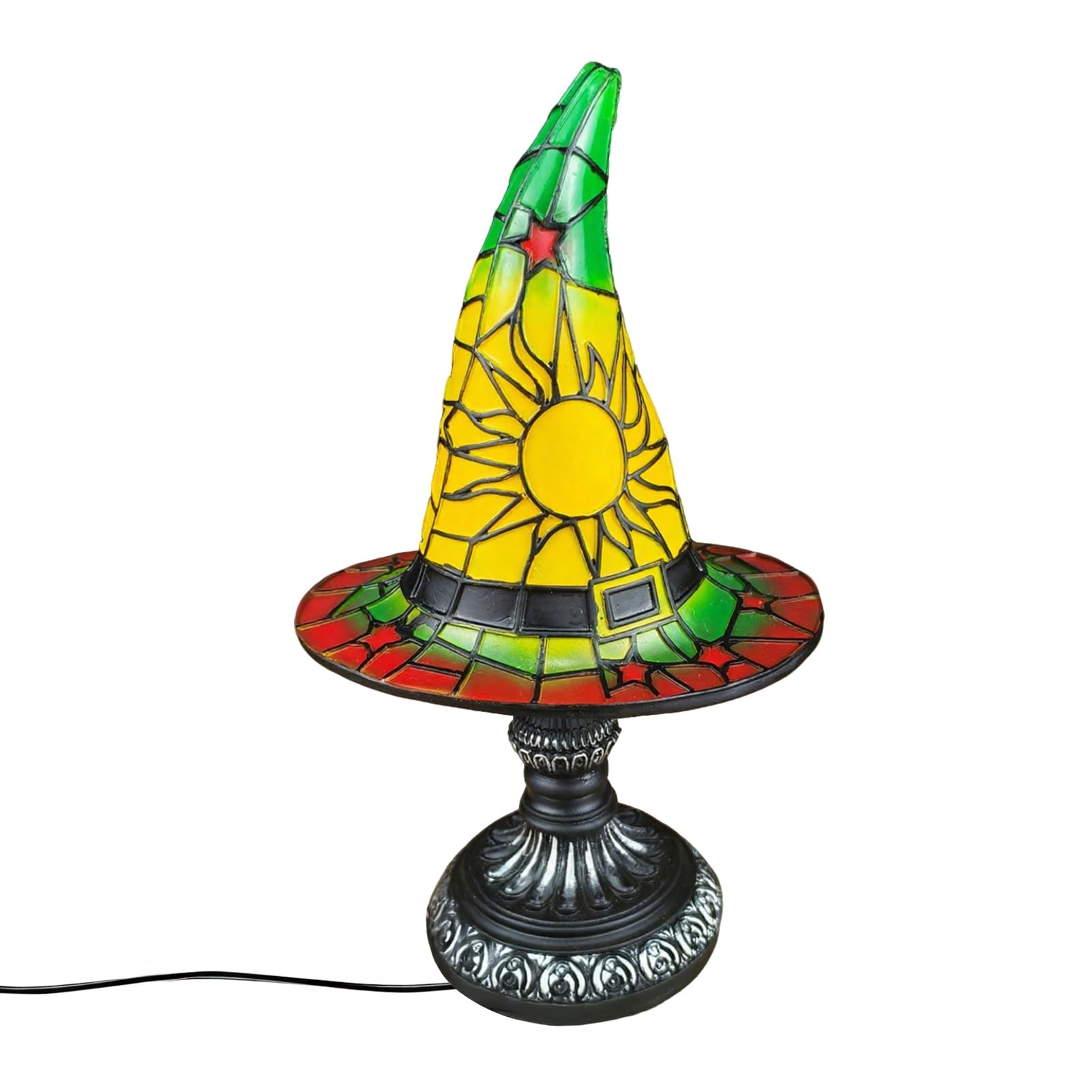 RetroNest Stained Glass Witch Hat Lamp, Gothic Resin Night Light,USB Powered Halloween Table Lamp,Purple Amber Bedside Light 18cm/30cm Desktop Ornament for Bedroom Bookshelf Decor Gift Green L