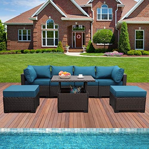 Outdoor Patio Dark Brown Rattan 7 Piece Sectional Furniture Set PE