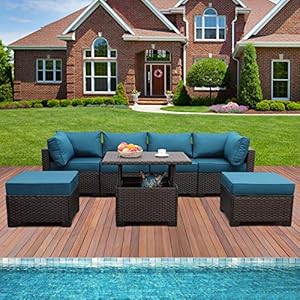 Outdoor patio dark brown rattan 7 piece sectional set pe wicker conversation sofa with liftable storage table non slip 5 thick peacock blue cushion and furniture cover  urban country home decor