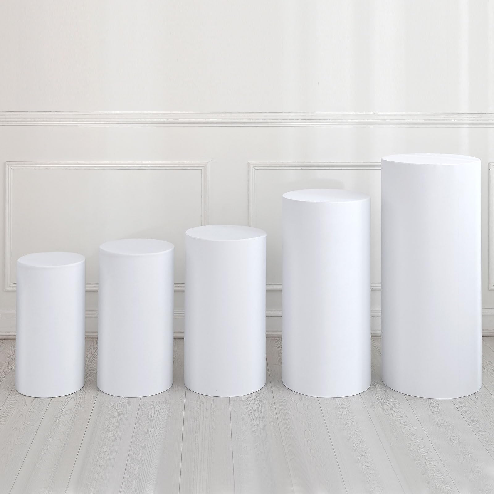 QUARKZMAN Set de 5 Housses de Socle Cylindrique en Spandex Blanc, Housse de Socle pour Décoration de Mariage Anniversaire Fête, Contient uniquement les Housses Cylindriques (Tissu Élastique)