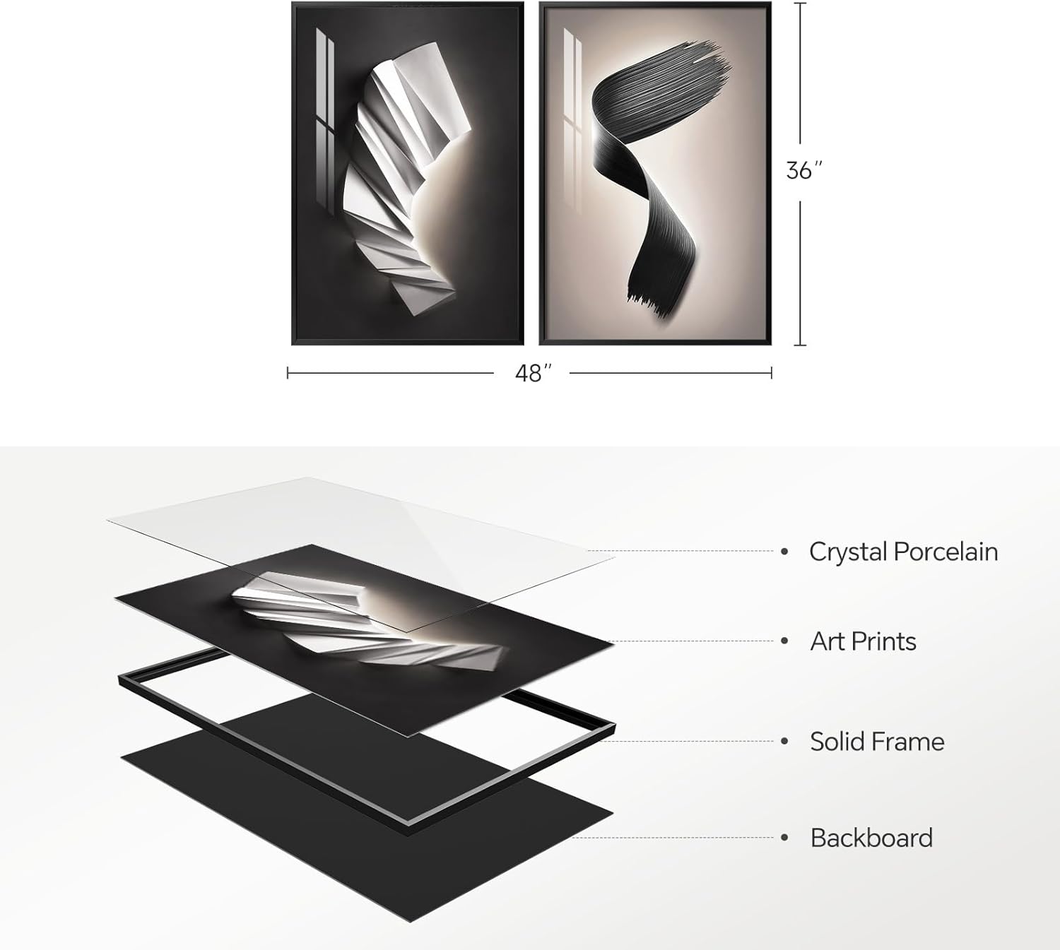Large Framed Modern Black and White Wall Art for Bedroom, Set of 2 Abstract Geometric Pictures Print Paintings, Luxury Bright Style Artwork for Living Room Dining Room Hallway Wall Decor, 24x36 Inch