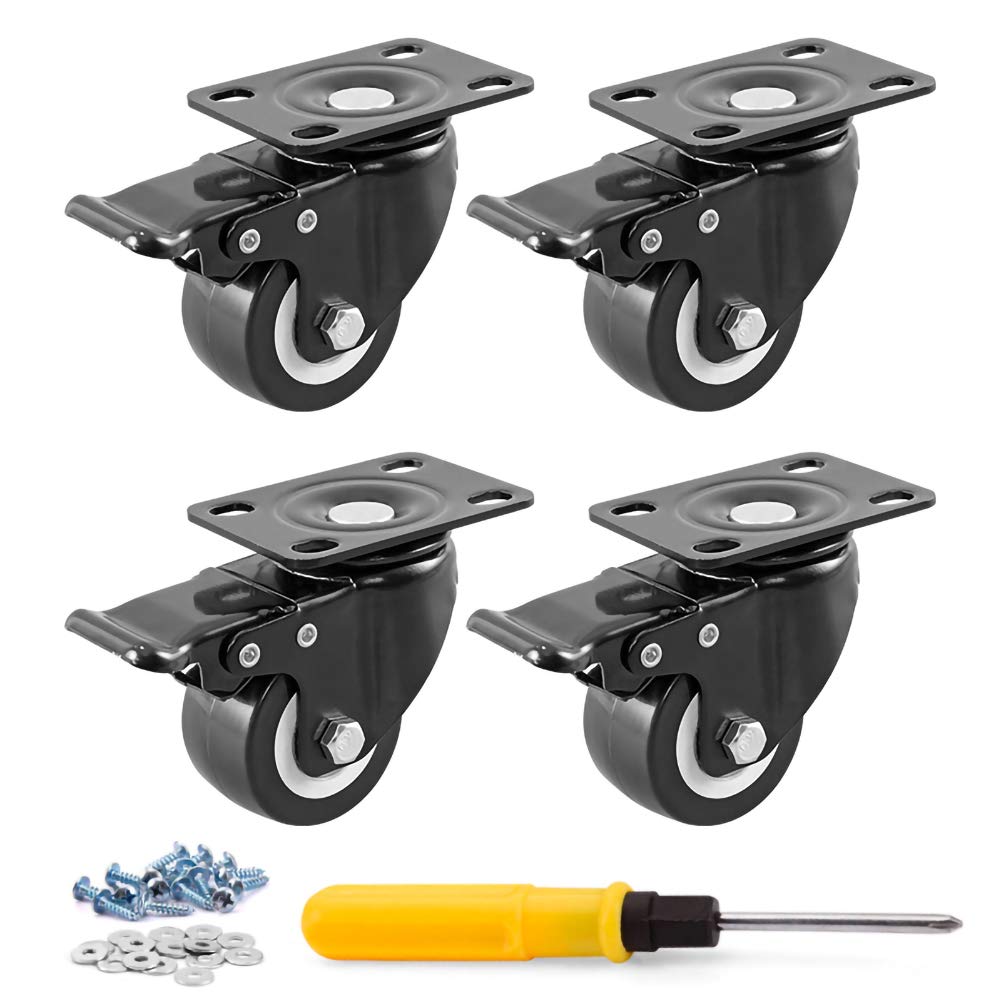 Heavy Duty Casters JULANG 2inch Plate Caster with Safe Dual Brake No-Noise Polyurethane Wheel Total 500lbs Load Capacity for Furniture Plant Stands Book Shelves Shoe Bins(Pack of 4)