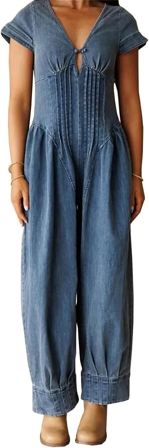 Women's Corset-Style V-Neck Denim Jumpsuit Short Sleeve Wide Leg One-Piece Outfit