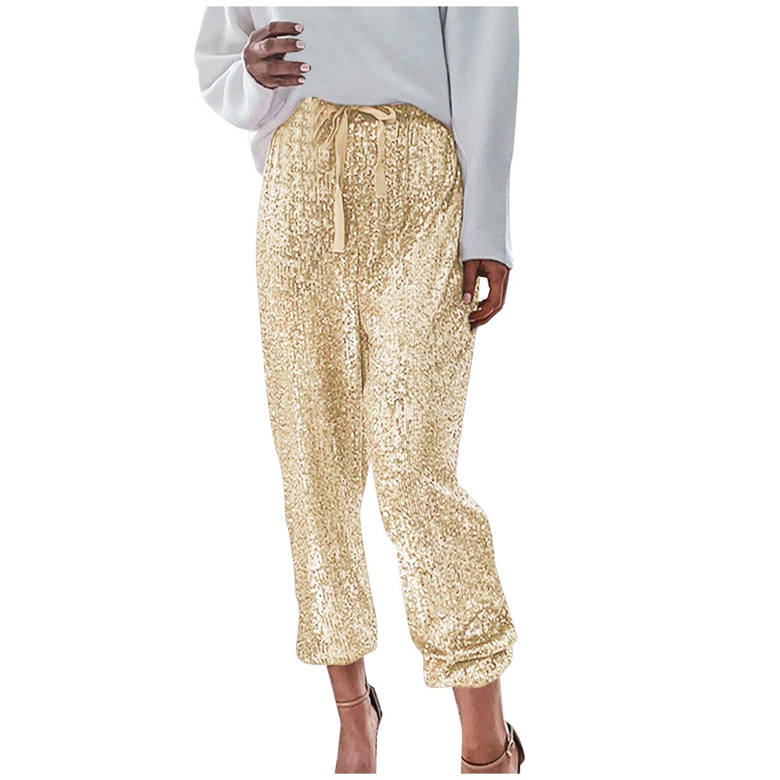 ZDSUHYIW Glitter Sequin Trousers Women's Stretchy Hip Hop Club Sequin Trousers Glitter Sequin Trousers Shiny Wide Leg High Waist Trousers Baggy Bling Sparkly Trousers Streetwear