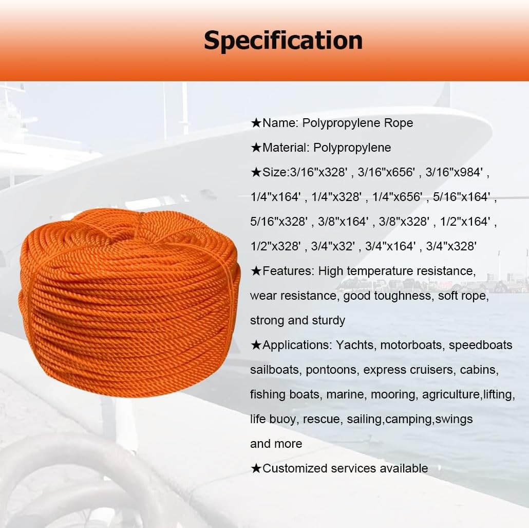 3 Strand Braided Outdoor Polypropylene Rope, Twisted Arborist Rope for Tug of War Tree Work Pulling Sailing Marine Fishing Rafting Hanging Swing Bundling Hiking(1/4" x164')