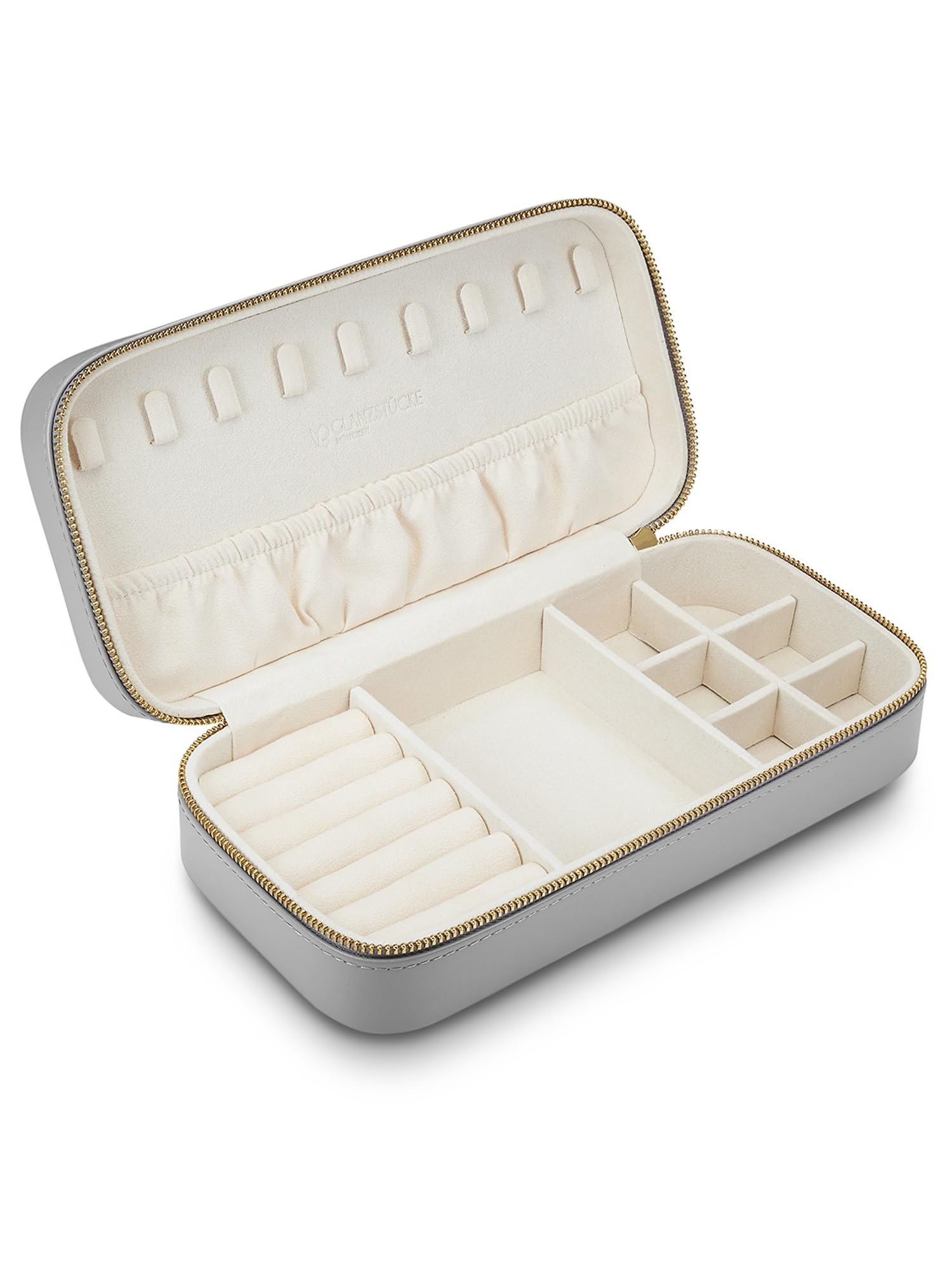 GLANZSTÜCKE MÜNCHEN Schmuck-Reisetäschchen Kunstleder grau | Samt, creme, Maße 23,5 x 11,5 x 5,8 cm, Spiegel nein, Schmucketui, Schmuckschatulle für die Reise