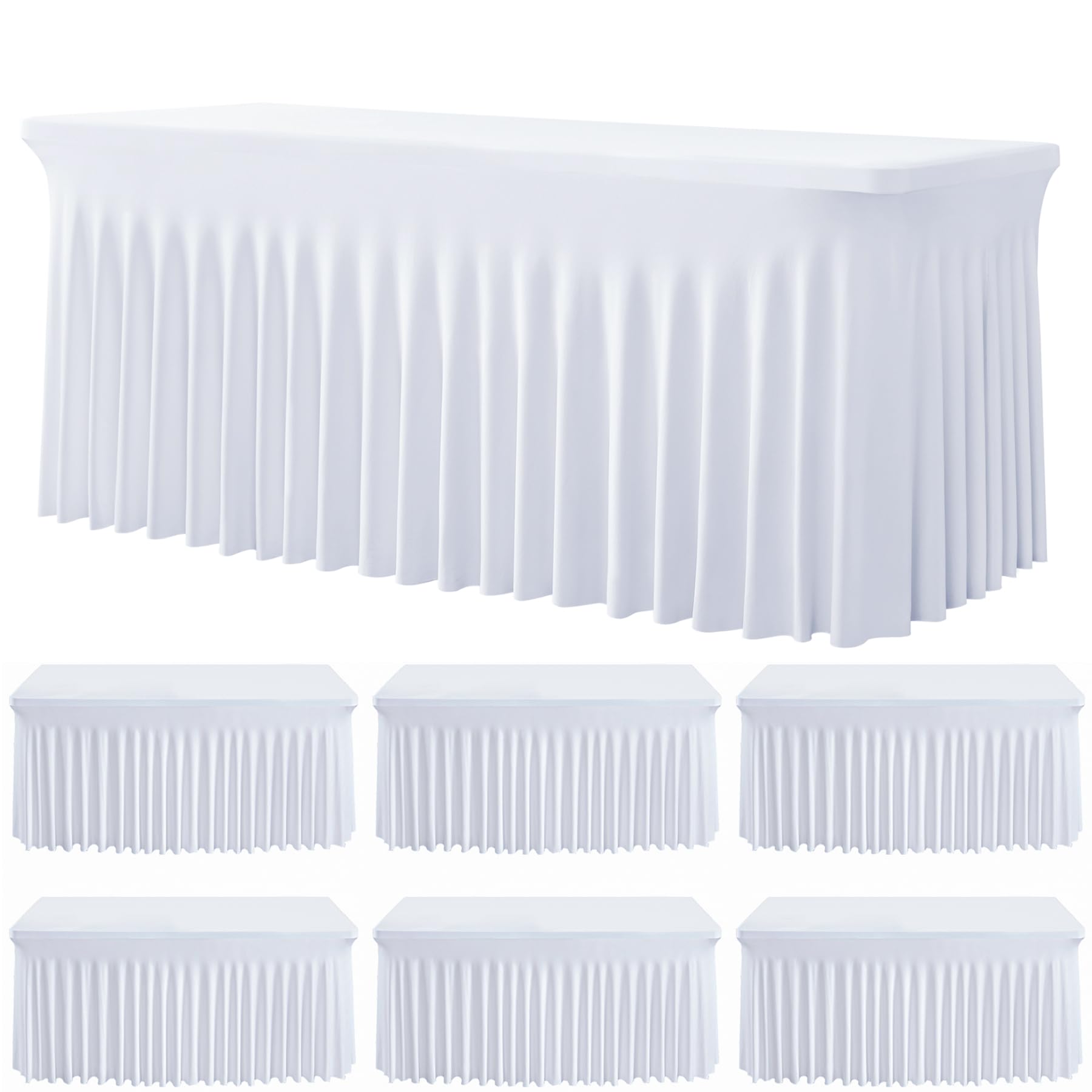 6 Pack Spandex White Table Clothes for 6 Foot Rectangle Tables, Wrinkle Free Table Cloth Fitted Tablecover Stretchy Tablecloths with Skirt for Parties Wedding Banquet