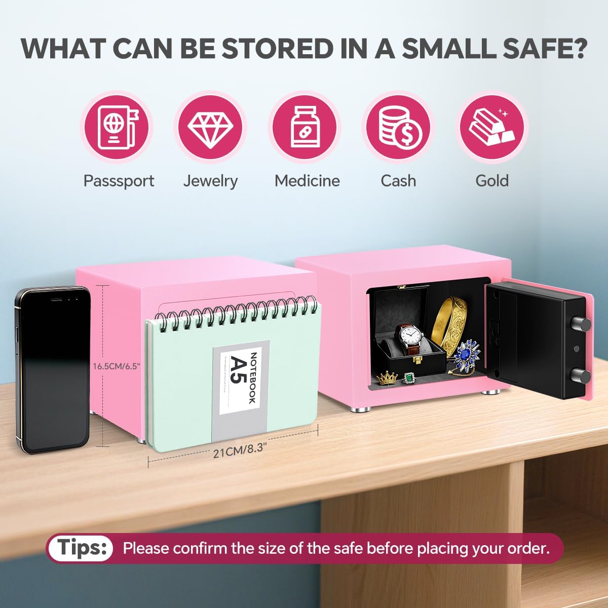 Small Home Safe with Electronic Keypad Lock, 6.7"D x 9"W x 6.7"H, Security Box for Cash, Jewelry, Passport, Hidden Safe for Closet, College Dorm Room, Pink