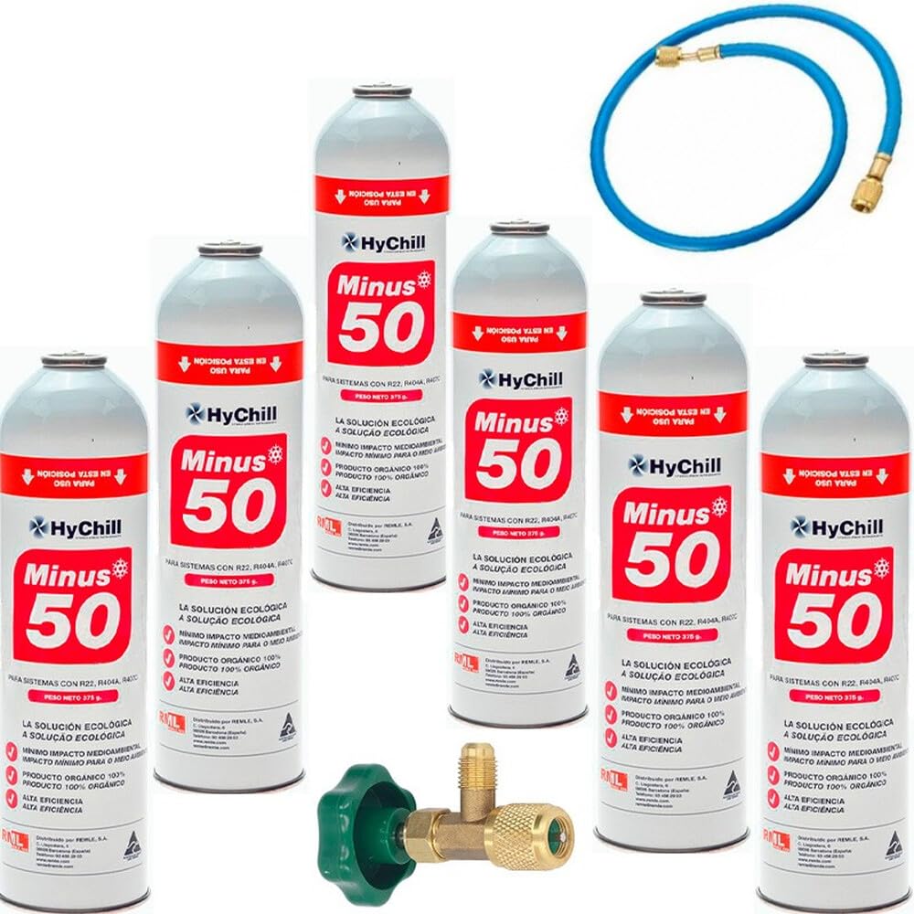 REPORSHOP - Gaz réfrigérant organique Minus 50 6 bouteilles de 375 g + valve + tuyau pour systèmes avec gaz R22, R404A, R407C et R502 - Remplacement Freeze haute efficacité pour climatisation