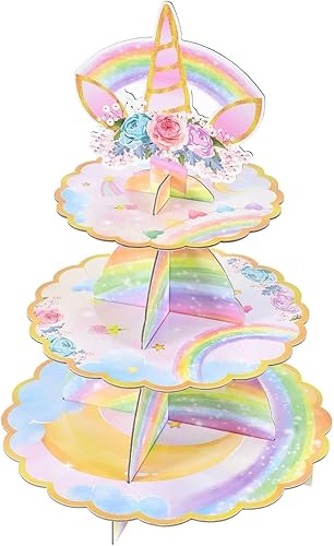 Soporte de unicornio para cupcakes, decoraciones de fiesta de cumpleaños de unicornio para niñas y niños, soporte de cartón de 3 niveles para