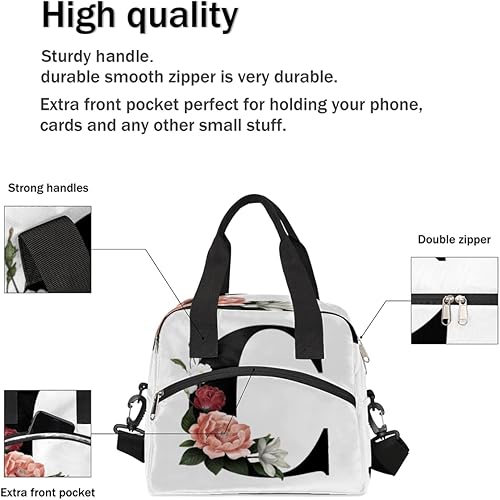 Miniatura 5 de Bolsa de almuerzo aislada para mujeres y hombres, diseño floral con letra C, grande, reutilizable, a prueba de fugas, bolsa de almuerzo con correa
