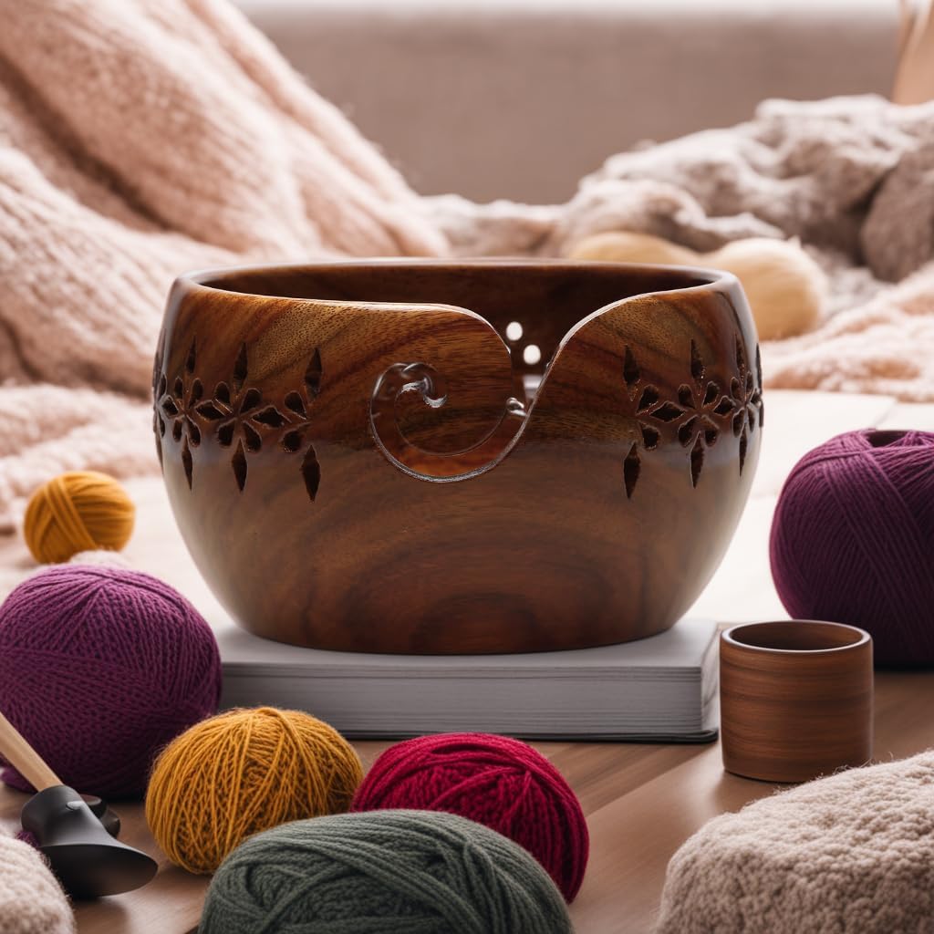 Wooden Large Yarn Bowl (7x4) – Yarn Holder for Crocheting & Knitting – Crochet Bowl with Carved Holes – Yarn Ball Storage Gift for Women