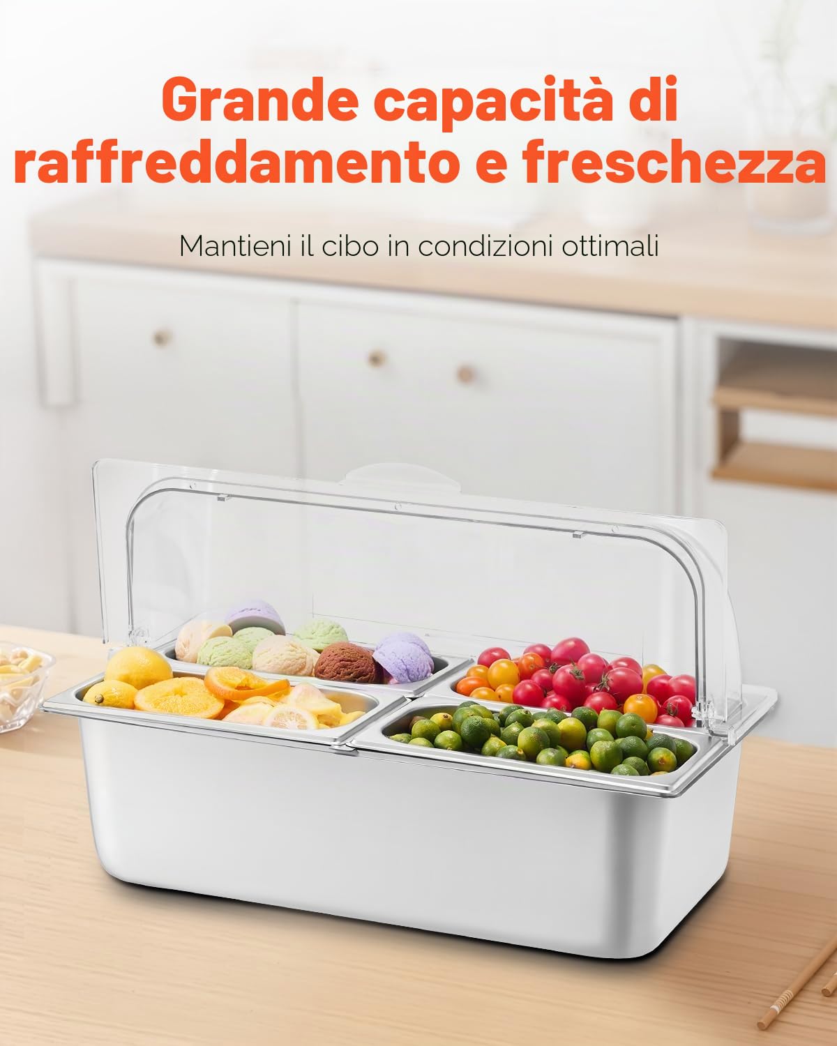 VEVOR Contenitore Espositivo per Servire Cibo da Banco, Vassoio per Servire Cibo in Acciaio Inox 4 Teglie, Espositore per Dispensatori di Condimenti a Buffet con 3 Contenitori per Congelatore