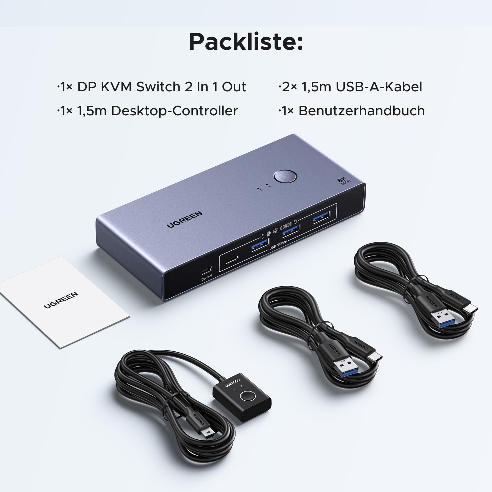 UGREEN DP 1.4 KVM Switch 8K@60Hz 2 PC 1 Monitor mit 4 USB 3.0 Ports | KVM Switch 8K60Hz 4K240Hz 4K120Hz kompatibel mit Windows, MacOS und Linux