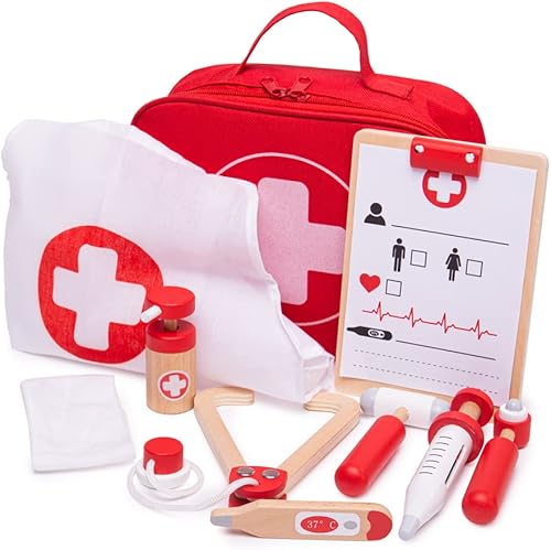 Bigjigs Toys Juego de médicos para niños, juego de médicos de madera de 10 piezas con estetoscopio para niños, termómetro, medicina y más en estuche