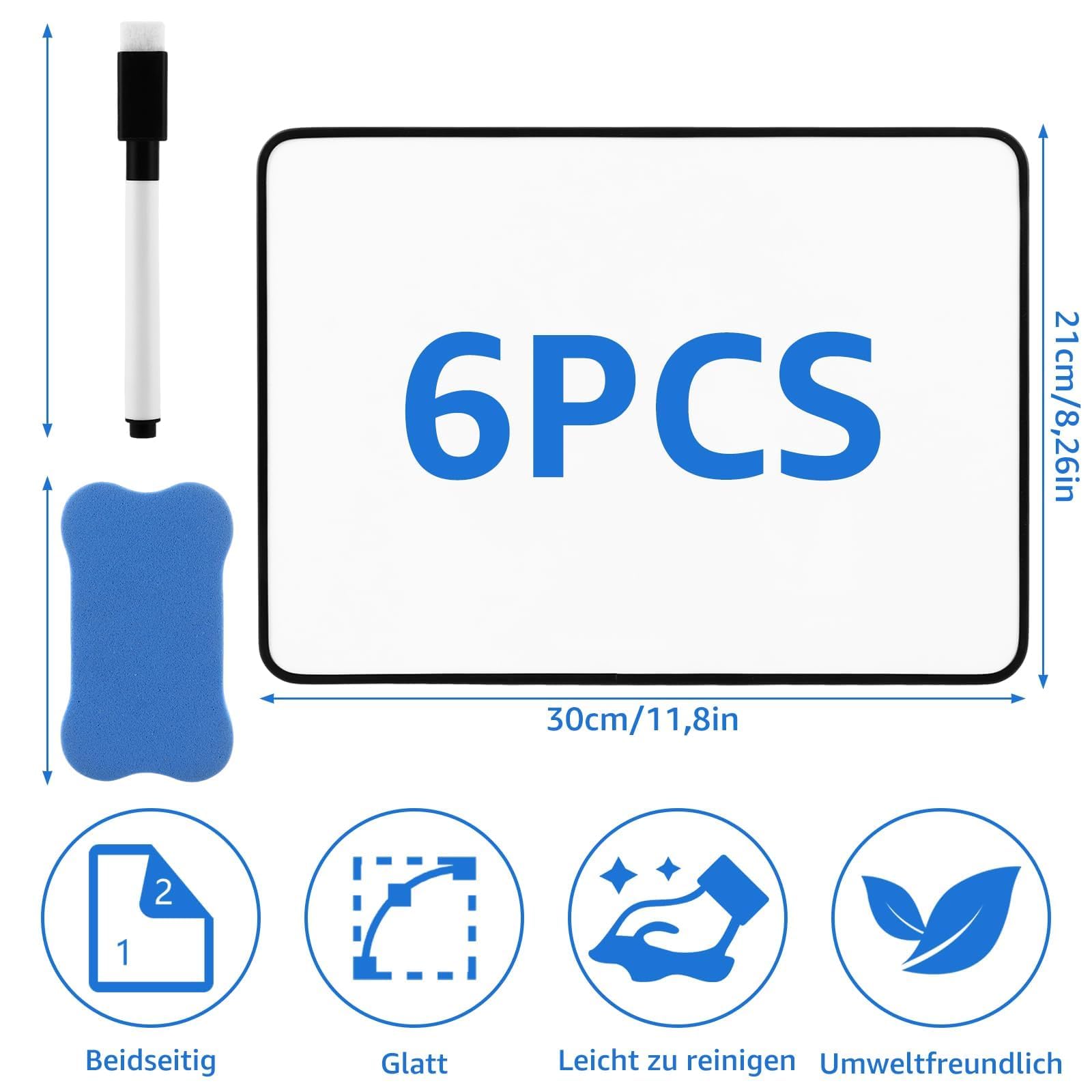 6 Stück 30 X 21cm Whiteboard Klein A4 Mini Whiteboard Doppelseitige mit Schwarzem Rahmen mit 24 Stiften und 6 Board Radierer, Abwischbare Tafel für Klassenzimmer, Schule, Büro, Haus