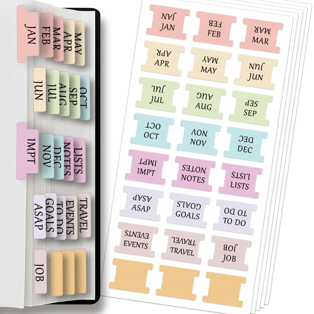 AHANDMAKER 120 Pieces Sticky Monthly Divider Tab (105 Month Tabs and 15 Blank Tabs) Laminated Planner Monthly Tab for Office Study Planners Notebooks Journals, Colorful โ image 1