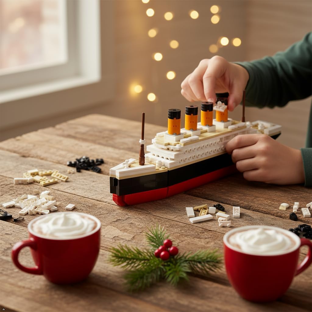 Hands assembling the deck of the Brick Loot Titanic model, showing small white and tan bricks being connected.