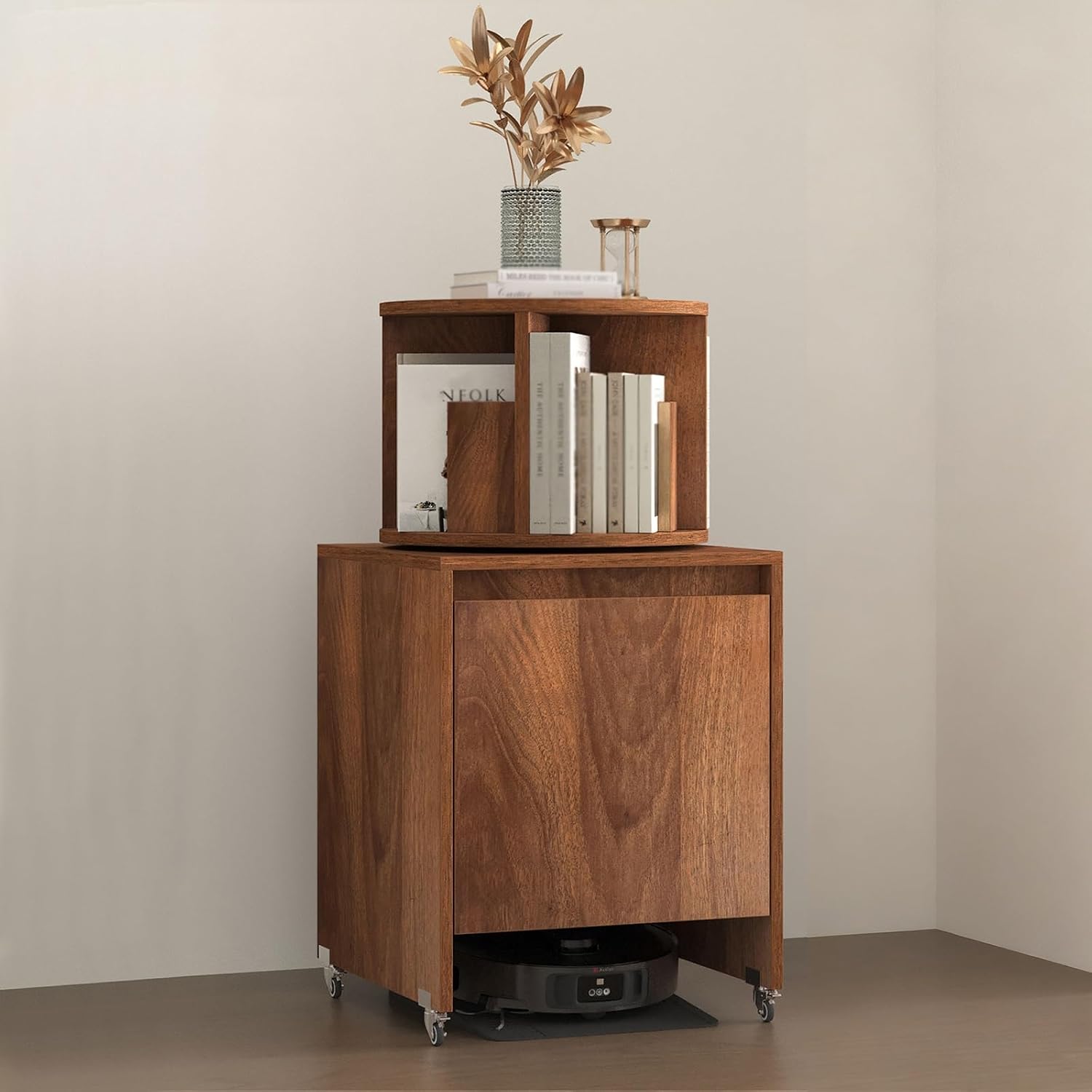 Wood Robot Vacuum Cleaner Cabinet, Multi-Functional Storage Stand, Hidden End Side Table Rack, with Doors and Revolving Bookshelf, Versatile Use(Brown)