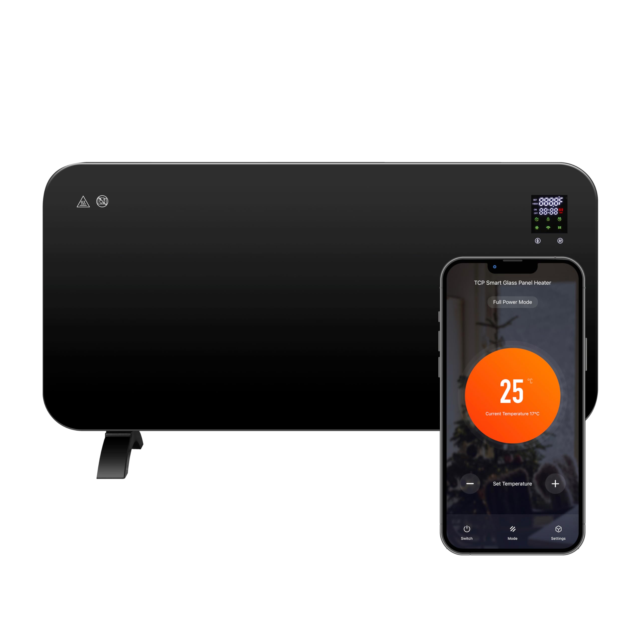 TCP Smart Glass Panel Heater 2000w Black with App, WiFi, 2 Heat Modes, Voice Control works with Alexa, Google Home & Siri Shortcuts, Wall Mounted or Portable, LED Display, Smart Schedules & Timers