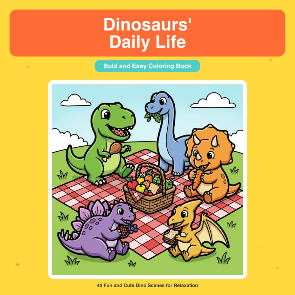 Dinosaurs' Daily Life: Bold and Easy Coloring Book — 40 Fun and Cute Dino Scenes for Relaxation and Stress Relief