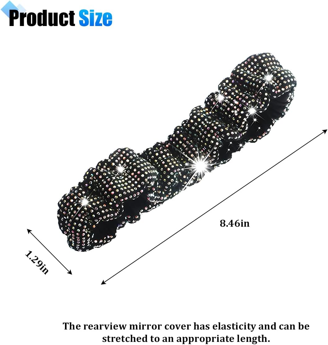 Bling Car Rearview Mirror Cover, Crystal Rhinestone Elastic Plush Vehicle Rearview Mirror Protector, Diamond Automotive Interior Decorations for Women Girls, Universal for Vehicles (Black)
