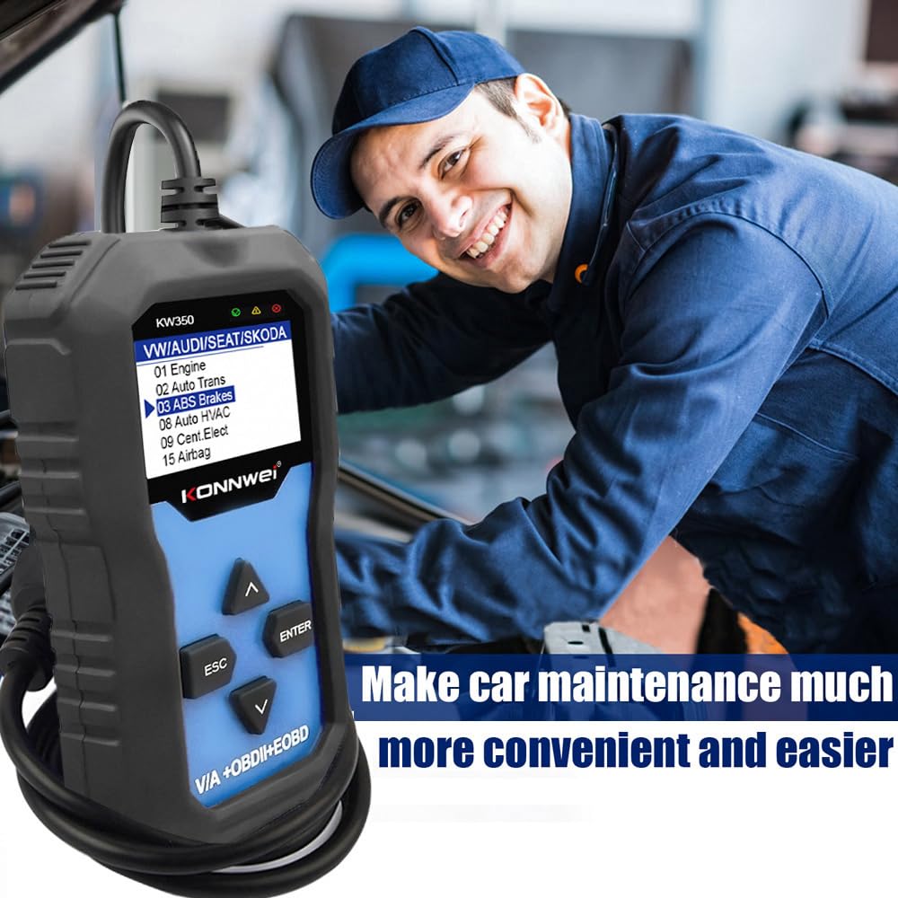 KONNWEI KW350 OBD2 Diagnosegerät fürs Auto, Profi KFZ Scanner für alle Fahrzeugsysteme, Fehlercodes lesen & löschen, OBDII/EOBD, Öl-Reset, EPB, Batterie, Drosselklappe, für VW Audi Skoda Seat