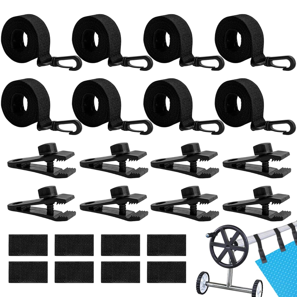 Lot de 8 Sangles de Maintien et Pinces pour Enrouleur Bâches Piscine, Accessoires Enrouleur de Couverture Solaire, Sangles de Serrage de Couverture de Piscine pour Bâche de Piscine Mobile