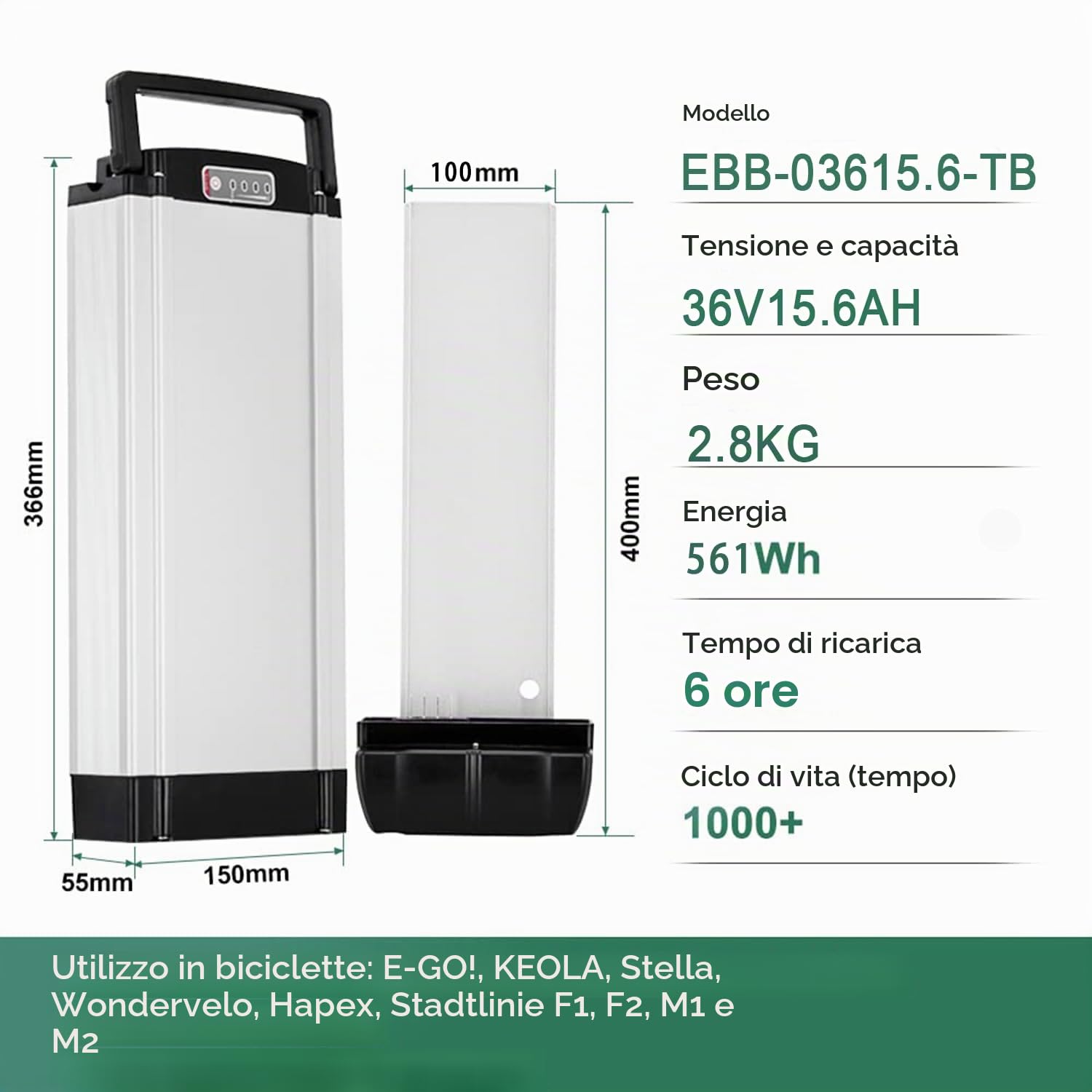 Batteria 36V 15.6Ah 561Wh agli ioni di Litio delle Biciclette Elettriche Batteria al Litio con e 2A Caricabatteria per E-bike Mifa, Prophete，E-GO! Wondervelo,Hapex