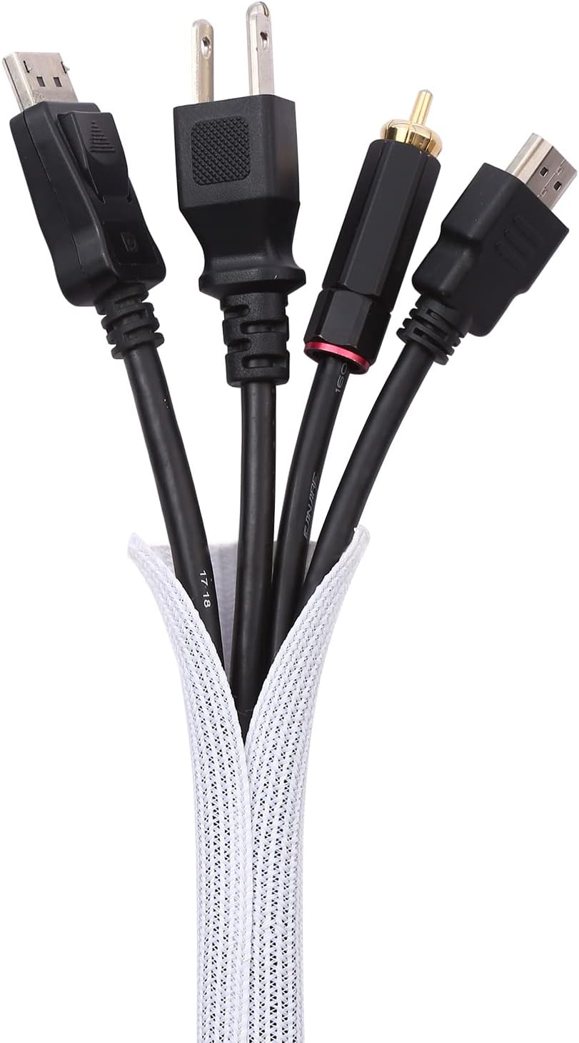 Keco 10ft – 1 inch Cable Management Sleeve Wire Loom Cord Protector – Self Wrap Cable Sleeve Split Sleeving Cord Organizer for TV Computer Automotive Office Home Entertainment – White