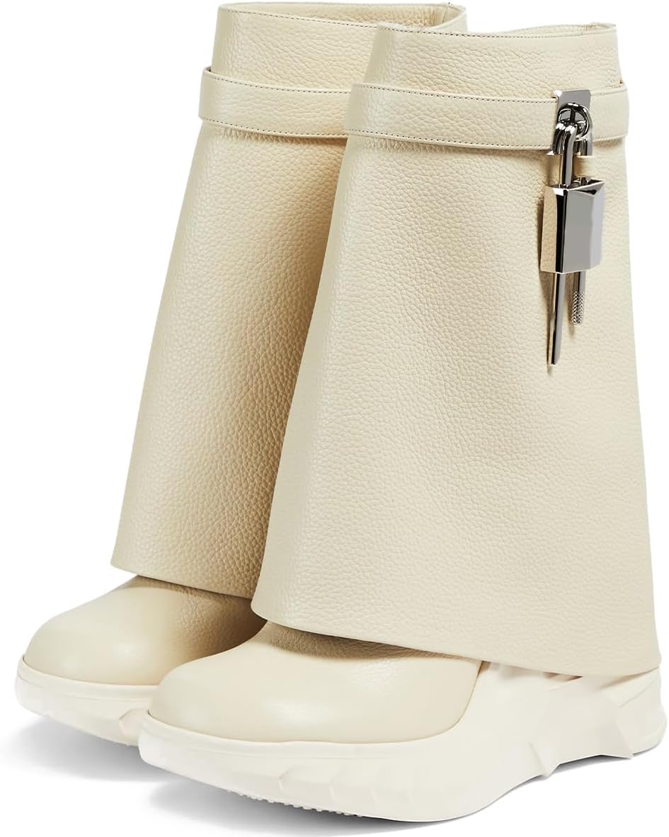 Women's Padlock Ankle Boots Fold Over Boots Platform Wedges Round Toe Mid Calf Biker Boot Fashion Comfort Short Boots for Women