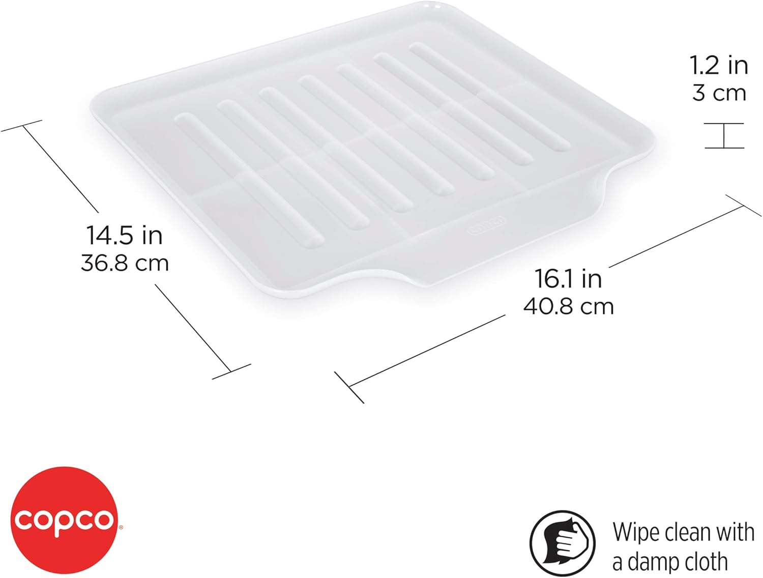 copco small clear drain board fits under any small dish rack to catch water or for larger pots alone, angled base allows for self draining with raised ribs to prevent water from puddling