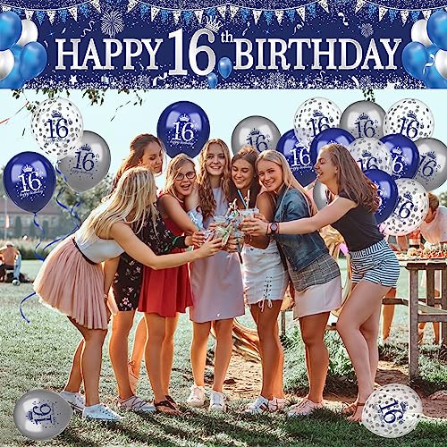 Image of Blue Silver 16th Birthday Banner and Balloons for Indoor /Outdoor Parties